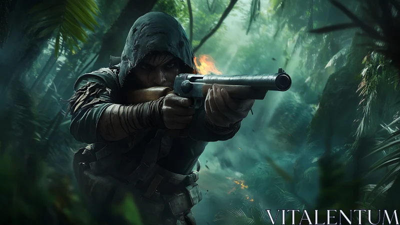 Hooded rifleman aiming through dense jungle foliage.
