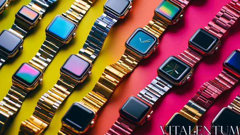 Colorful smartwatches line up in a playful rainbow parade