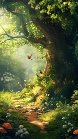 Ancient tree with birds in sunlit forest clearing displaying environmental depth.