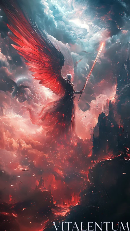 Armored seraphim warrior with flaming sword above infernal abyss