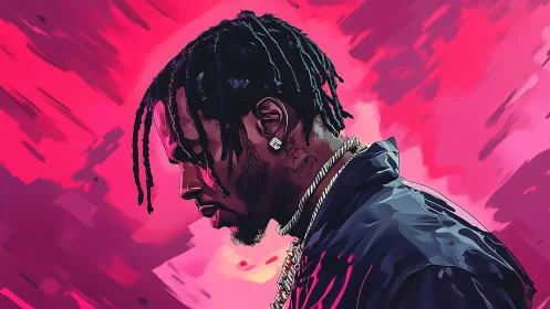 Profilic neon portrait of braided musician in pink gradient field