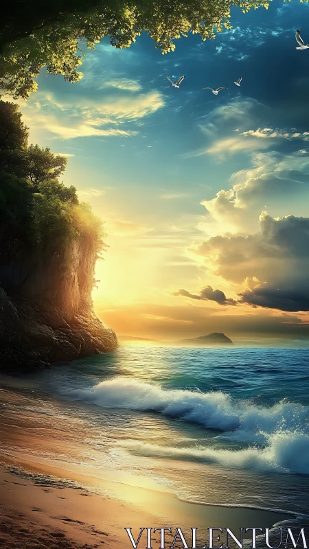 Sunlit cliffside cove where rolling waves kiss painted sky.