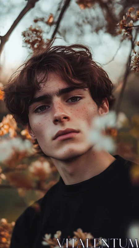 Portrait shows young person framed by shallow-focus foliage