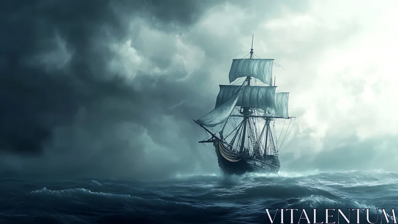 Sailing ship in stormy ocean under dense clouded sky.