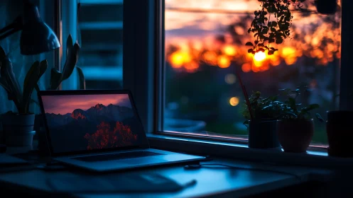 Laptop workstation faces window with defocused urban sunset