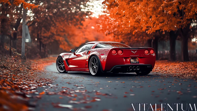 Red sports car cruising through a glowing autumn tunnel.
