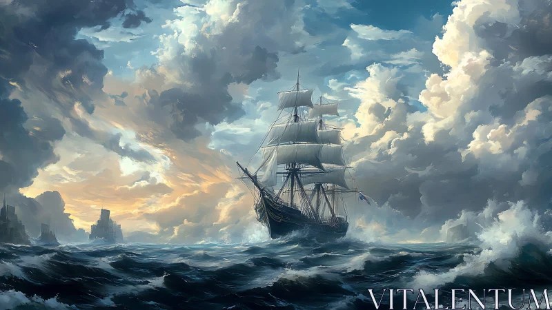 Storm-tempered galleon carves a silver path through sky-surge