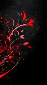 Digital floral plume with red vector tendrils on black field.
