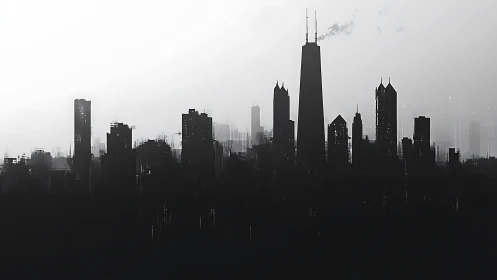 Monochrome skyline dissolving into mist and digital static.