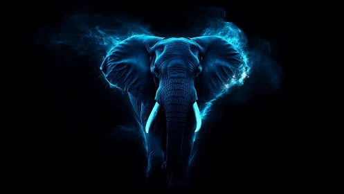 Luminescent blue elephant head on dark digital background.