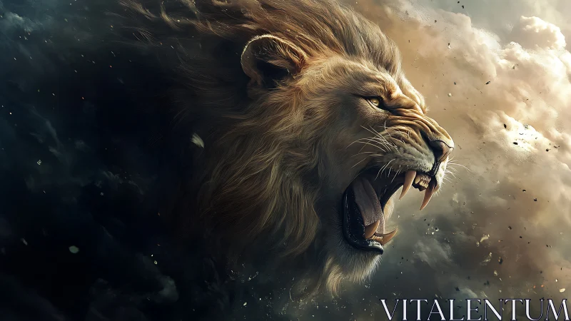 Storm-torn lion roars into swirling cosmic dusk skies.