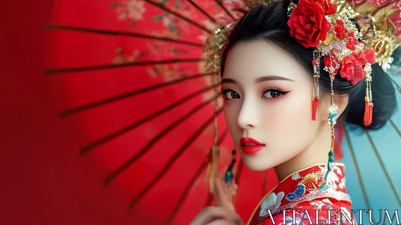 Digital portrait of woman in ornate hanfu with red parasol