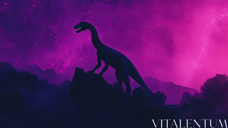 Silhouette dinosaur stalks ridge under neon magenta cosmos.
