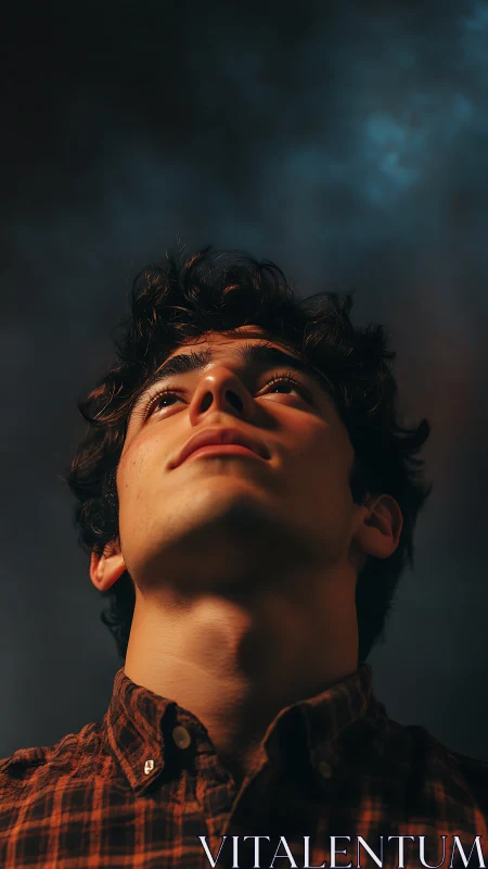 Upward gaze in cinematic low-key portrait lighting study.