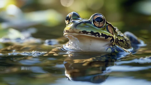 Close view of green frog floating calmly in pond water.