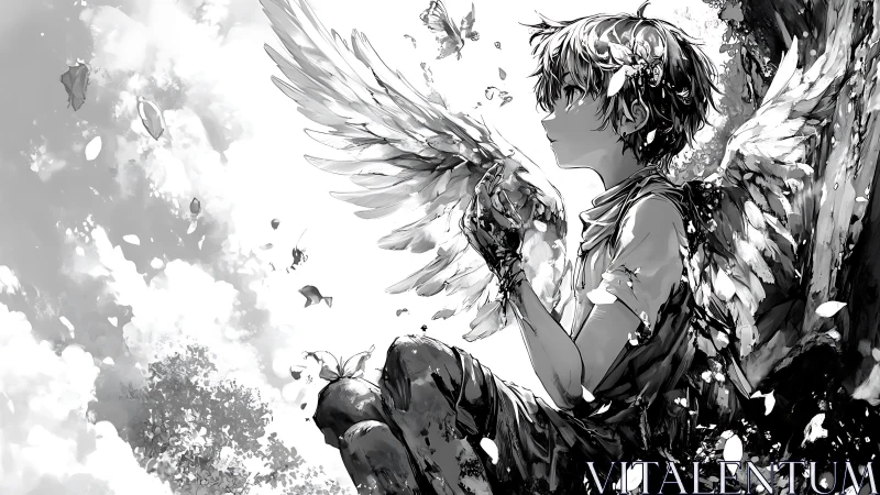 Winged boy in monochrome dreamscape with drifting petals.