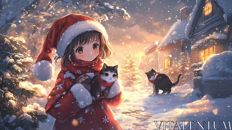 Girl in red coat holding cat on snowy Christmas street.