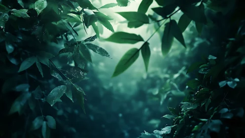Volumetric backlit foliage corridor with atmospheric diffusion.