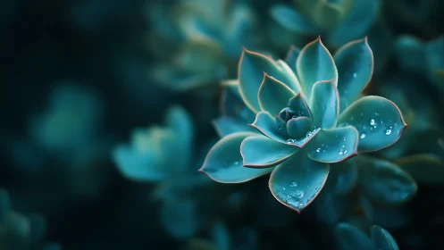 Macro view shows teal succulent with dew lit by soft light