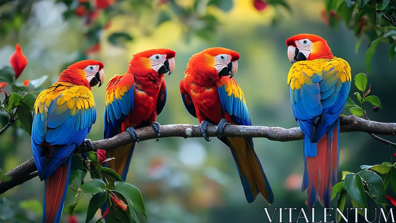 Four Scarlet Macaws Perched on Branch in Vibrant Nature Scene.