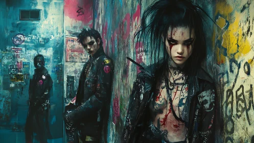 Cyberpunk alley figures in graffiti-covered urban corridor.