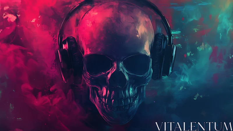 Human skull with headphones is rendered in neon vapor colors
