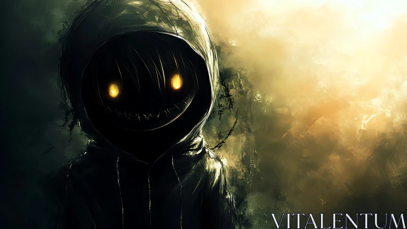 Hooded void figure with luminous eyes on high contrast background