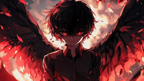 Dark-winged anime boy glares through swirling crimson embers