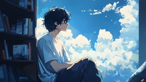 Solitary boy by window with bright summer sky outside.