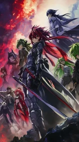 Armored anime warriors stand united beneath a burning sky.