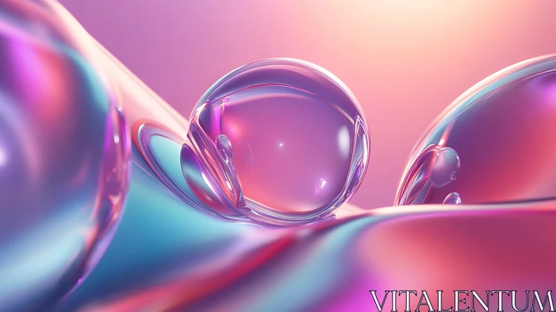 Holographic soap spheres drifting across neon sunrise waves.