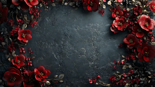Crimson blooms frame dark textured surface with botanical arrangement.