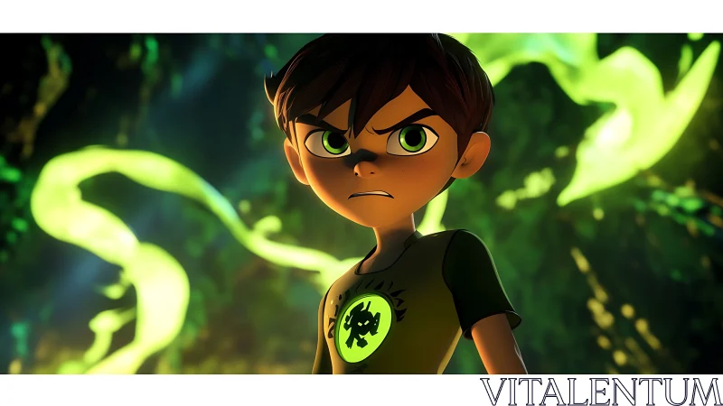 Iridescent energy boy in reactive emissive forest scene.