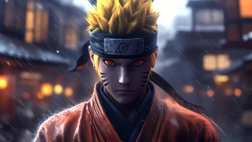 High-detail anime warrior portrait with cinematic rainy lighting