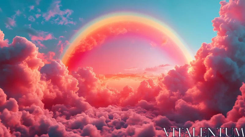 Radiant pastel rainbow glows above dreamy cotton clouds