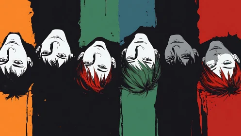 Inverted monochrome faces aligned on vertical color bands.
