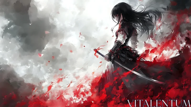 Stormlit swordswoman in a swirling red and white skyscape.