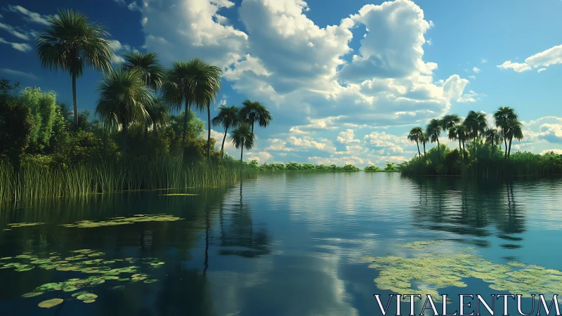 Sunlit palm lagoon under drifting cotton clouds.