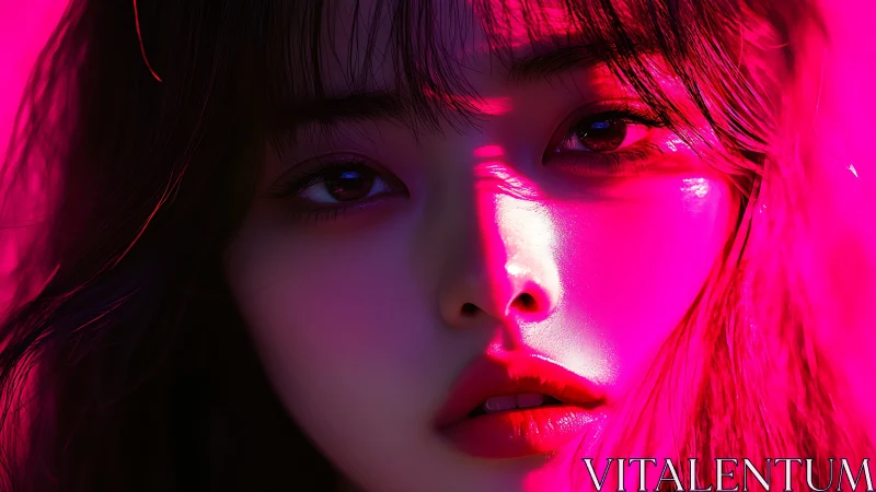 Neon-lit portrait captures an intense cinematic gaze in pink light.