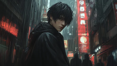 Black haired youth stands in rainy neon lit alleyway at night