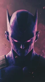 Mystic purple warrior rising from a glowing stormy dusk.