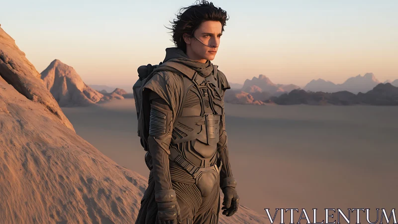 Stargazing wanderer poised above silent desert horizons.