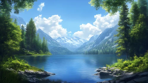 Tranquil alpine lake rests beneath bright summer mountains