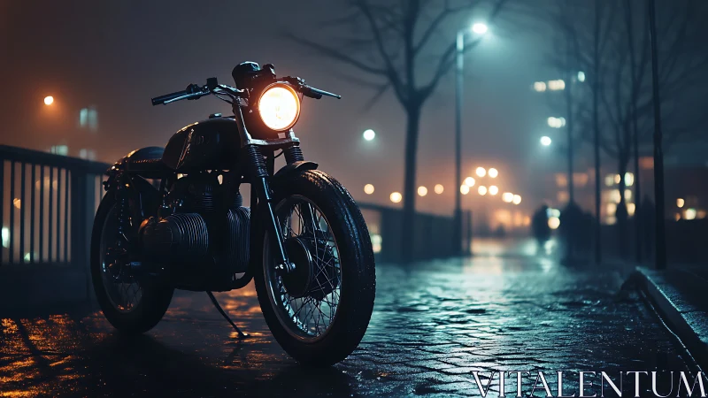 Vintage motorcycle glowing softly on a misty night street.