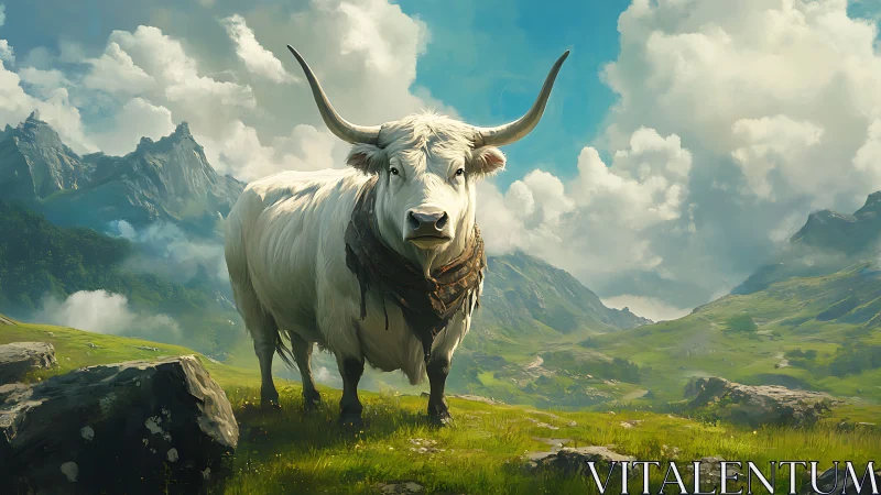 Majestic white longhorn ox under bright alpine sky.