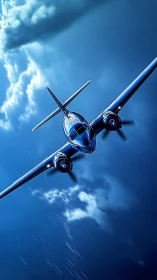 Streamlined twin engine aircraft cuts through storm clouds.