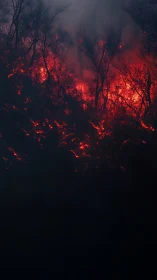 Wildfire engulfing forest landscape with intense red luminescence