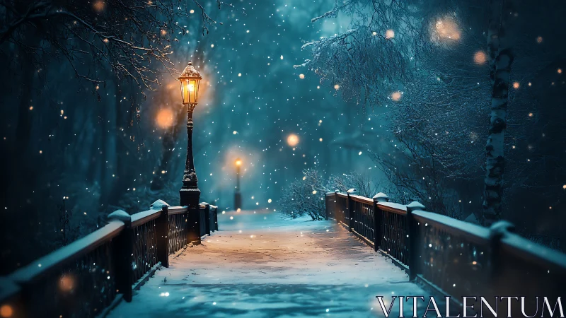 Snowy park bridge glows softly under warm vintage lamplight