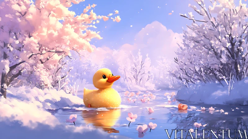 Golden duck drifting through pastel blossom winter stream.