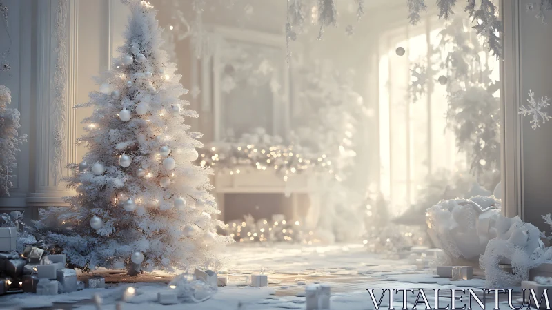 Snow covered Christmas tree in softly lit interior room.